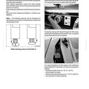K&ouml;nnte beinhalten: Eine Seite aus einem technischen Handbuch mit der Bezeichnung D180, die das Ablassen von Kondenswasser aus dem Kraftstofffilter und die Kontrolle des K&uuml;hlmittelstands beschreibt. Enth&auml;lt Diagramme eines Ablassventils und einer F&uuml;llstandsanzeige A.