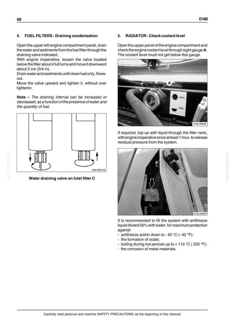 K&ouml;nnte beinhalten: Eine Seite aus einem technischen Handbuch mit der Bezeichnung D180, die das Ablassen von Kondenswasser aus dem Kraftstofffilter und die Kontrolle des K&uuml;hlmittelstands beschreibt. Enth&auml;lt Diagramme eines Ablassventils und einer F&uuml;llstandsanzeige A.