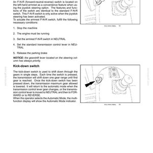 May include: Diagram of a control panel with a joystick and buttons labeled A, B, and C. Text describes the Forward, Neutral, Reverse (F-N-R) switch and the kick-down switch, detailing their functions and operation within a machine.