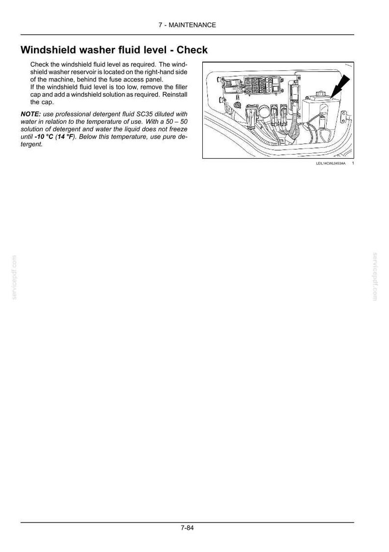 May include: A technical manual page titled 7 - MAINTENANCE Windshield washer fluid level - Check. It includes instructions for checking fluid levels, a note on using SC35 detergent, and a line drawing showing the reservoir location behind a fuse panel.