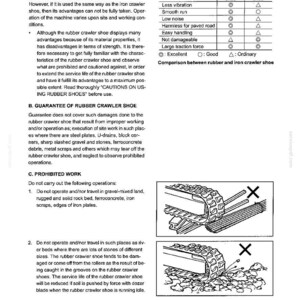 May include: A technical manual page titled 3. MACHINE OPERATION 3.1.16 CAUTION ON USING RUBBER CRAWLER SHOES. It includes a comparison table between rubber and iron shoes, text regarding proper usage, guarantees, and two illustrations showing prohibited operations.