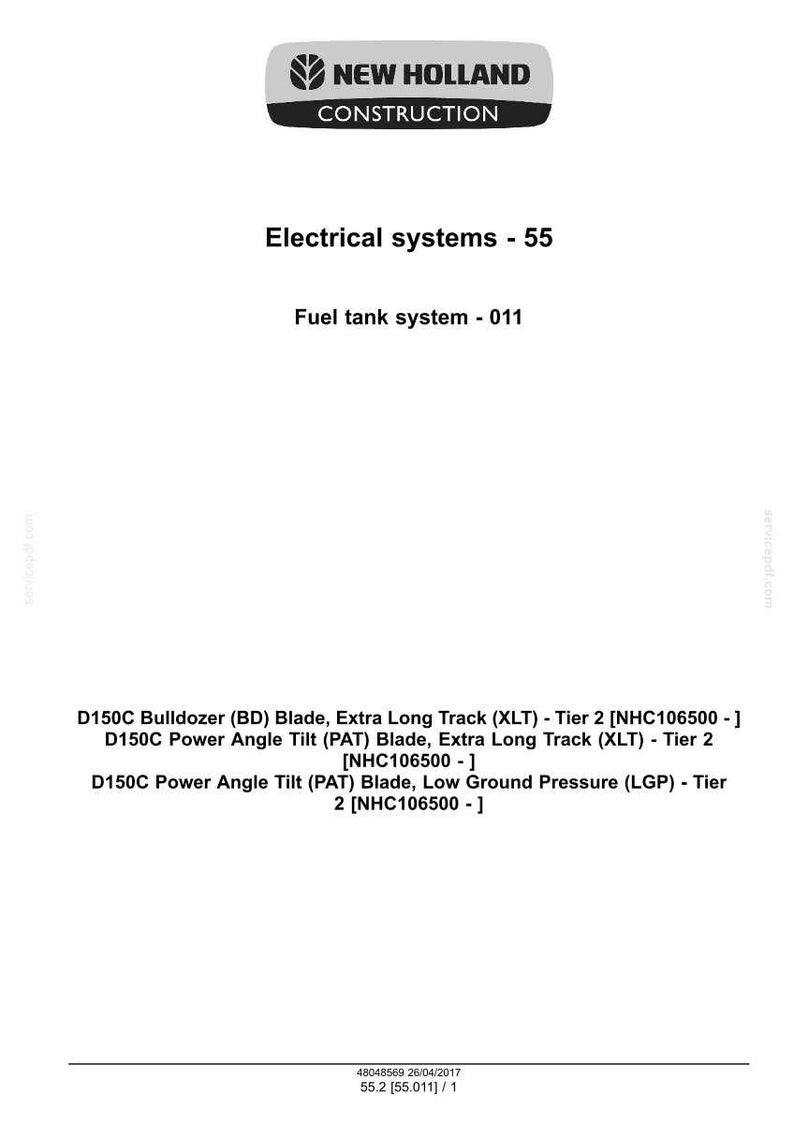 May include: White document with the "NEW HOLLAND CONSTRUCTION" logo. Text includes "Electrical systems - 55" and "Fuel tank system - 011". Also lists D150C Bulldozer and Power Angle Tilt blade specifications.