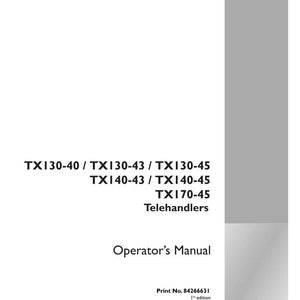 May include: White Operator's Manual for Case Construction Telehandlers. The manual includes model numbers TX130-40, TX130-43, TX130-45, TX140-43, TX140-45, and TX170-45. The cover features the Case Construction logo and print information.