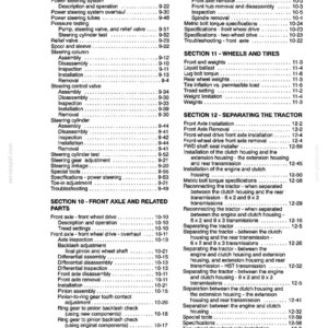 May include: A black and white technical manual page titled Section 12 Separating the Tractor, listing detailed mechanical procedures for front axles, steering systems, and transmission components with corresponding page numbers for reference.