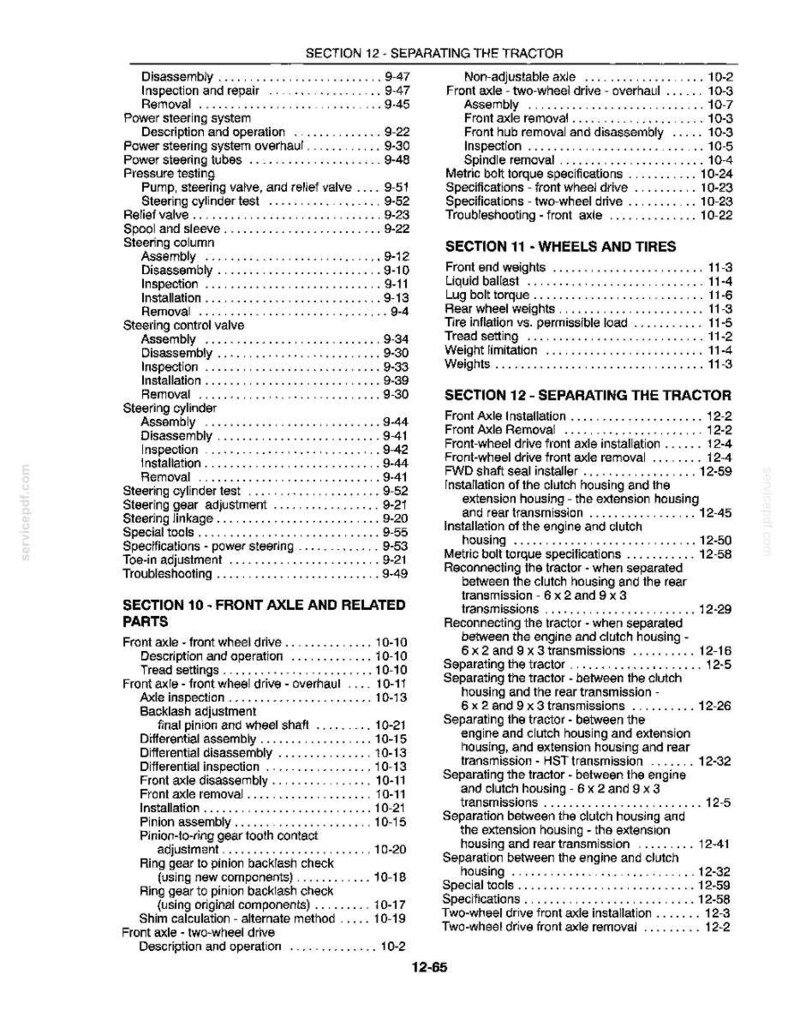 May include: A black and white technical manual page titled Section 12 Separating the Tractor, listing detailed mechanical procedures for front axles, steering systems, and transmission components with corresponding page numbers for reference.