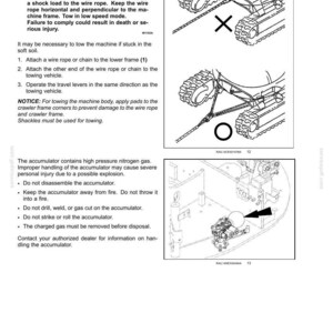 May include: Diagrams illustrating safety information for a machine, including towing instructions and accumulator handling guidelines. The image features detailed illustrations with text warnings about potential hazards and proper procedures.