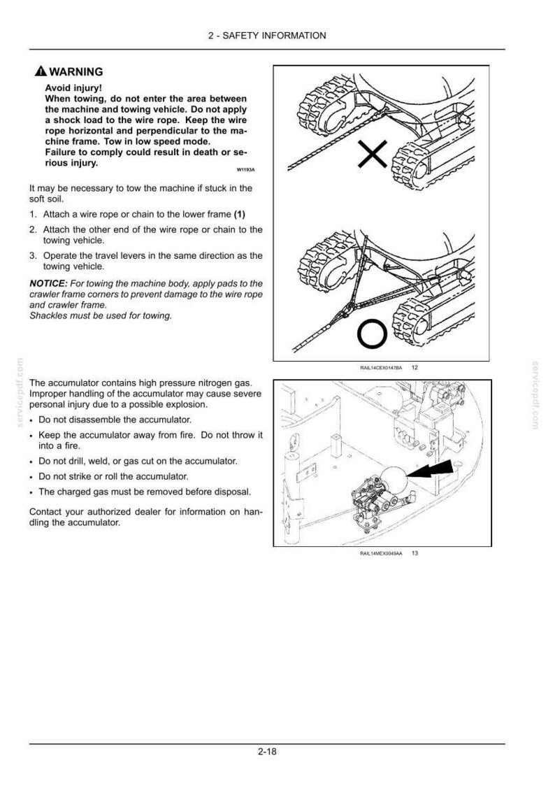 May include: Diagrams illustrating safety information for a machine, including towing instructions and accumulator handling guidelines. The image features detailed illustrations with text warnings about potential hazards and proper procedures.