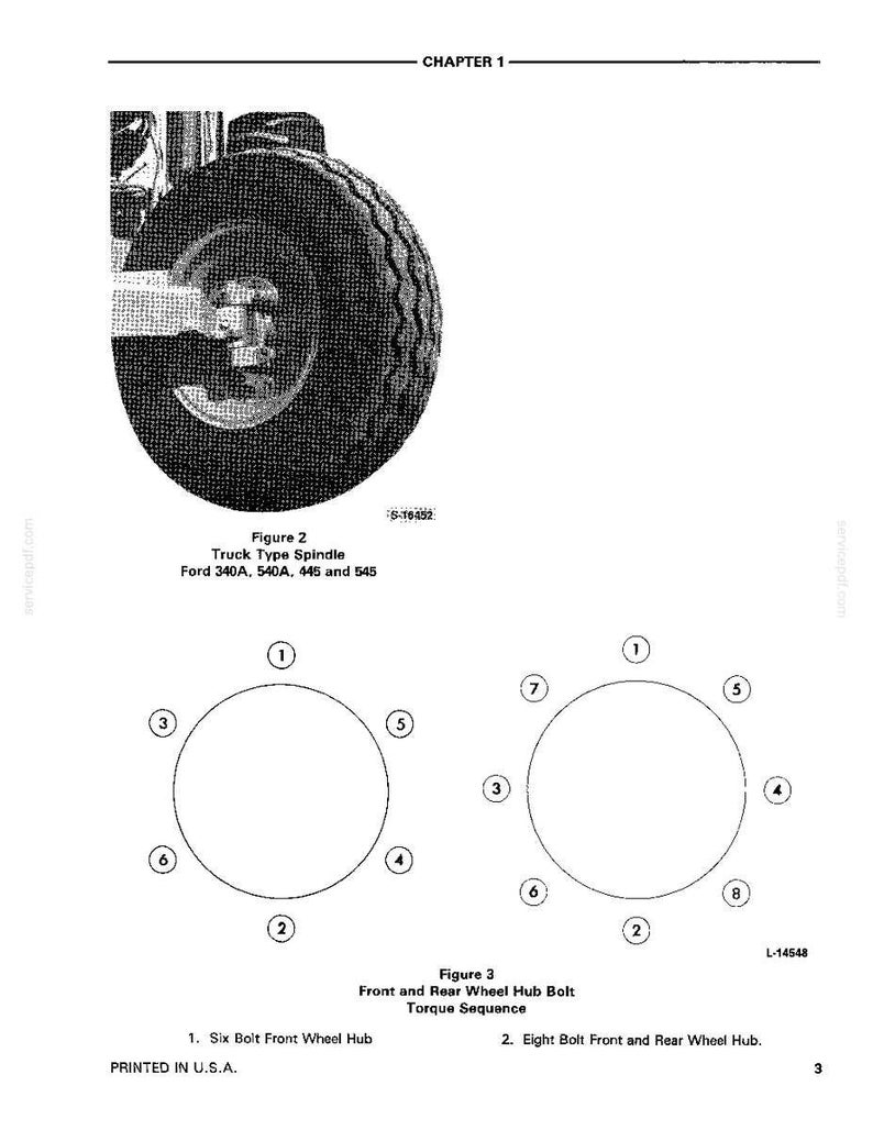 Op de afbeelding: Technische tekening met de titel "Truck Type Spindle" en "Front and Rear Wheel Hub Bolt Torque Sequence". Bevat illustraties van wielnaven met boutpatronen en de tekst "PRINTED IN U.S.A."