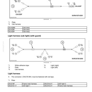 May include: Diagram of electrical system components, including light harnesses, plates, and cab lamps. The diagram includes measurements and labels for each component, with a focus on the light harness (cab light) and its variations.