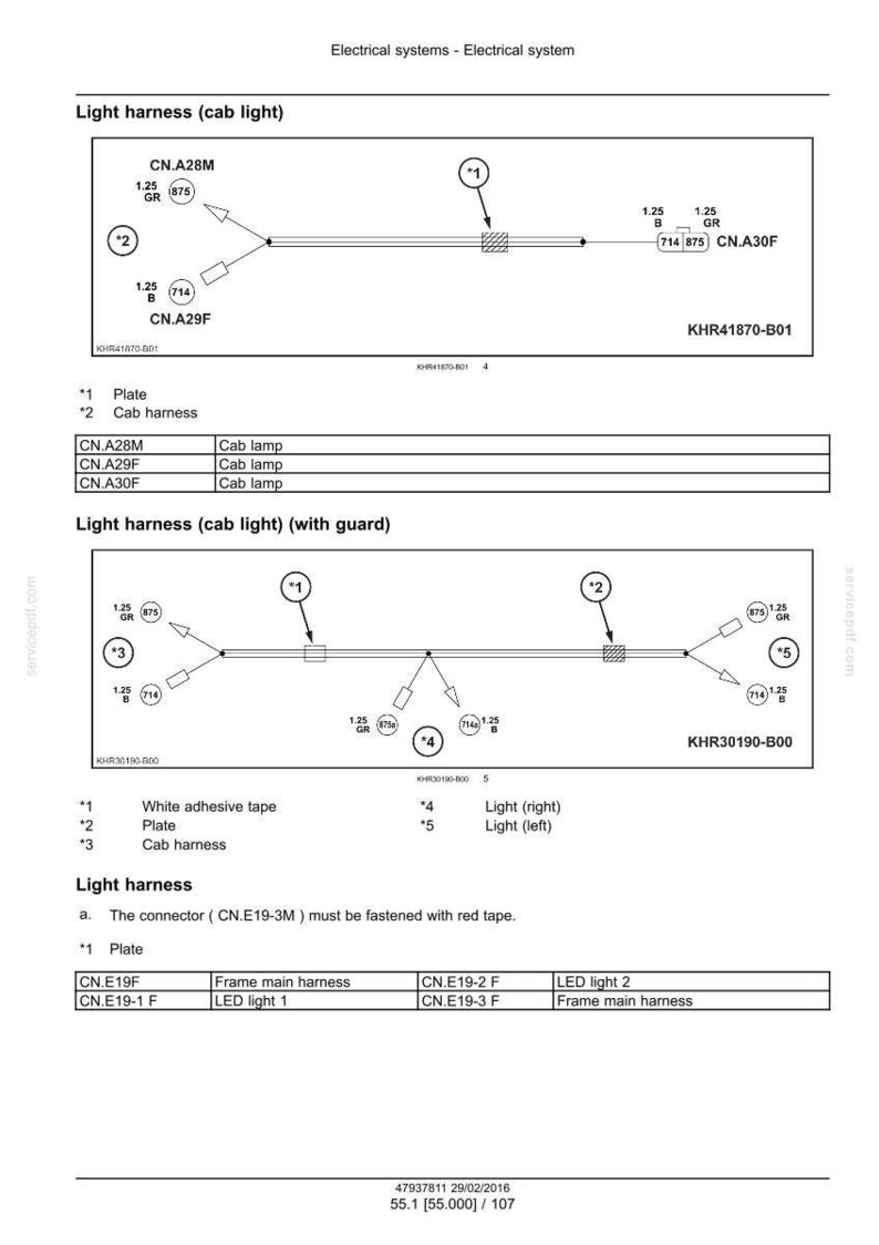 May include: Diagram of electrical system components, including light harnesses, plates, and cab lamps. The diagram includes measurements and labels for each component, with a focus on the light harness (cab light) and its variations.
