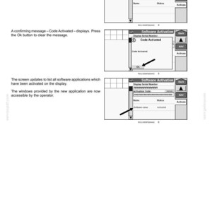 May include: A technical manual page titled 2-ICONS AND WINDOWS showing three black and white diagrams of a software activation interface. The screens display fields for Serial Number, Activation Code, and buttons labelled Back, NAV, and Activate.