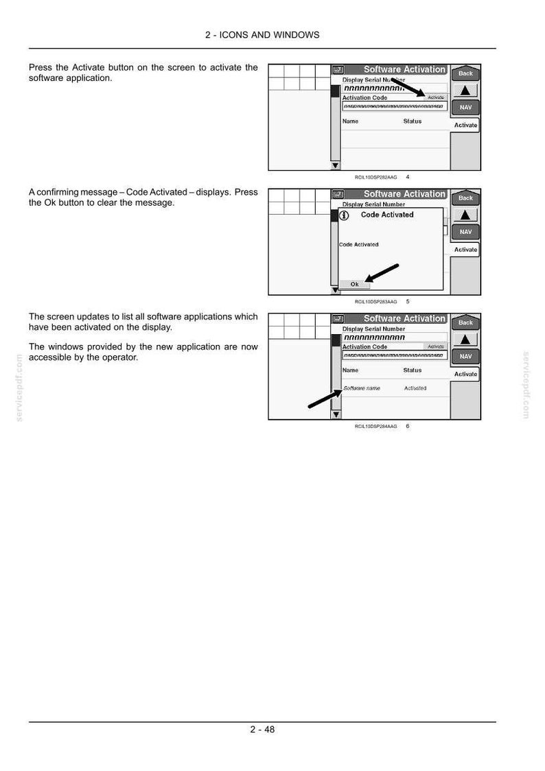 May include: A technical manual page titled 2-ICONS AND WINDOWS showing three black and white diagrams of a software activation interface. The screens display fields for Serial Number, Activation Code, and buttons labelled Back, NAV, and Activate.