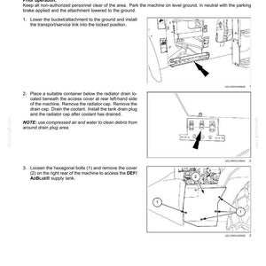 May include: A technical maintenance document page titled Diesel Exhaust Fluid (DEF)/AdBlue tank suction - Cleaning. It includes numbered instructions, text, and three black and white line drawings showing machine parts, bolts, and access covers.