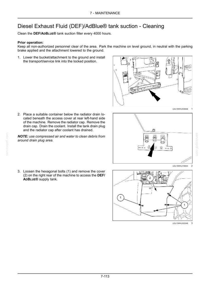 May include: A technical maintenance document page titled Diesel Exhaust Fluid (DEF)/AdBlue tank suction - Cleaning. It includes numbered instructions, text, and three black and white line drawings showing machine parts, bolts, and access covers.