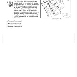 Puede incluir: Diagrama de los controles del veh&iacute;culo, que incluye un bot&oacute;n de reducci&oacute;n de marcha de la transmisi&oacute;n y un interruptor F-N-R. El interruptor tiene posiciones para avance, punto muerto y retroceso. El texto proporciona instrucciones de uso.