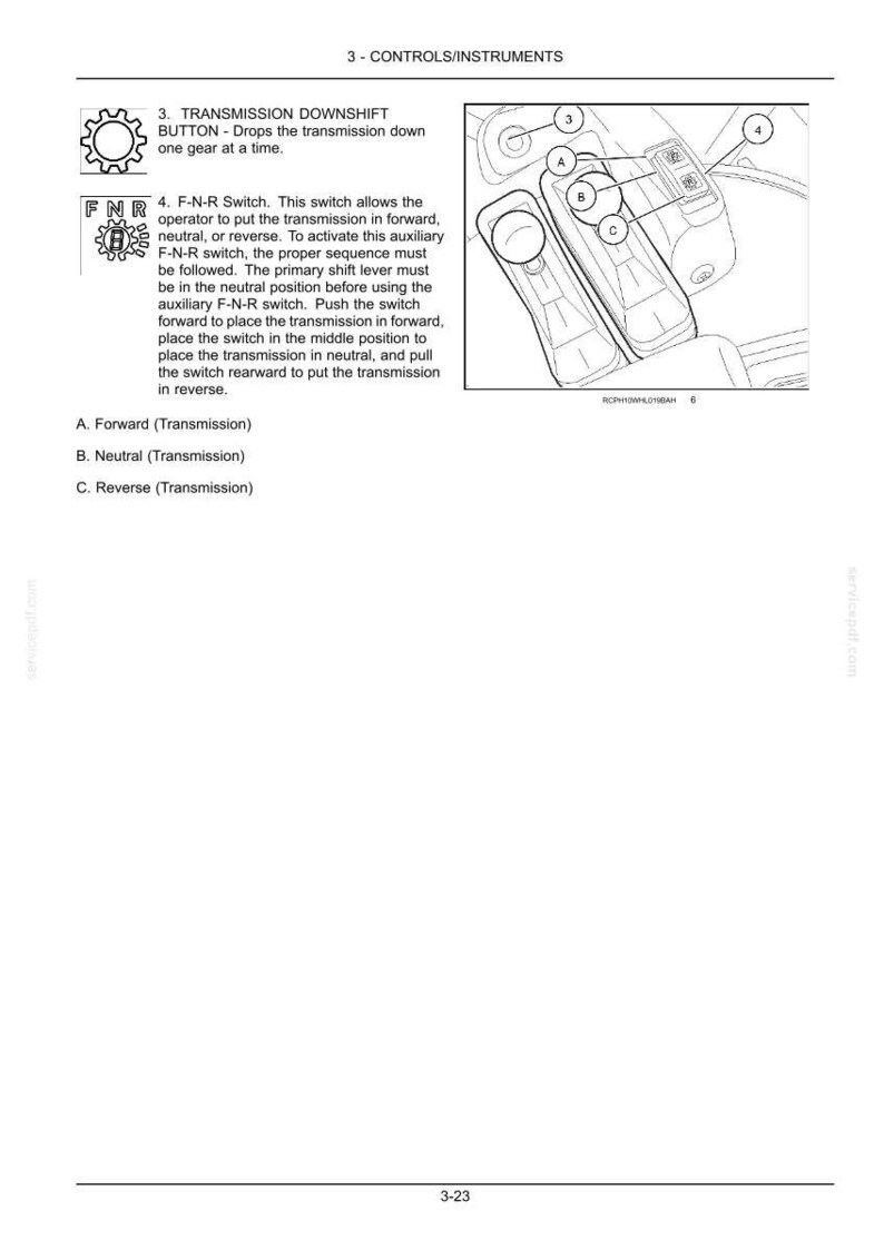Puede incluir: Diagrama de los controles del veh&iacute;culo, que incluye un bot&oacute;n de reducci&oacute;n de marcha de la transmisi&oacute;n y un interruptor F-N-R. El interruptor tiene posiciones para avance, punto muerto y retroceso. El texto proporciona instrucciones de uso.