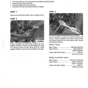 May include: A technical manual page detailing the process of checking the MFD clutch torque on a tractor. Instructions include steps for preparing the tractor, installing components, and checking torque values in Newton meters and pound-feet.