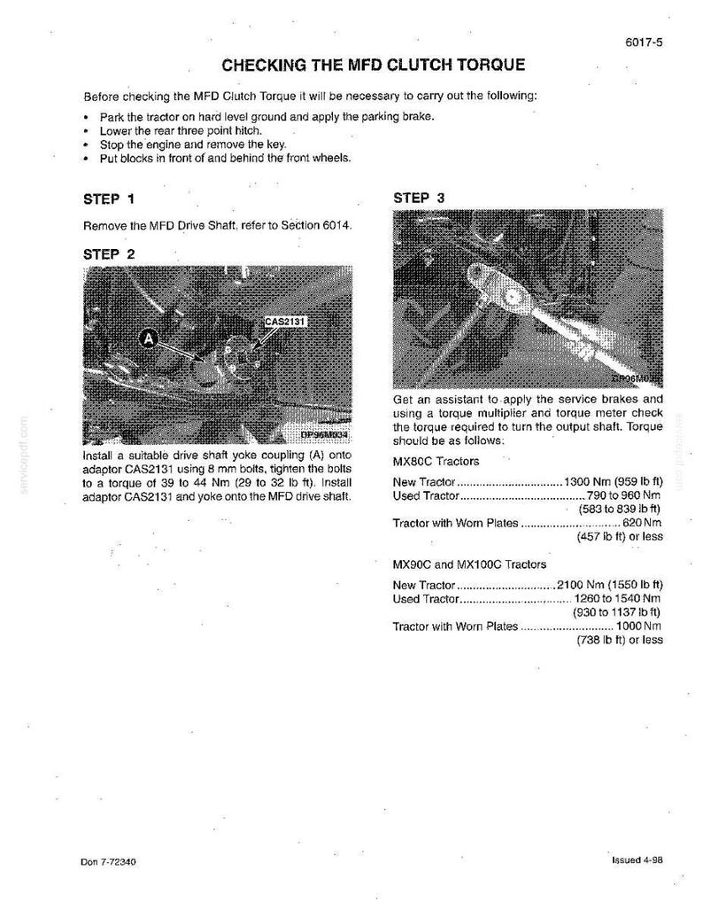 May include: A technical manual page detailing the process of checking the MFD clutch torque on a tractor. Instructions include steps for preparing the tractor, installing components, and checking torque values in Newton meters and pound-feet.