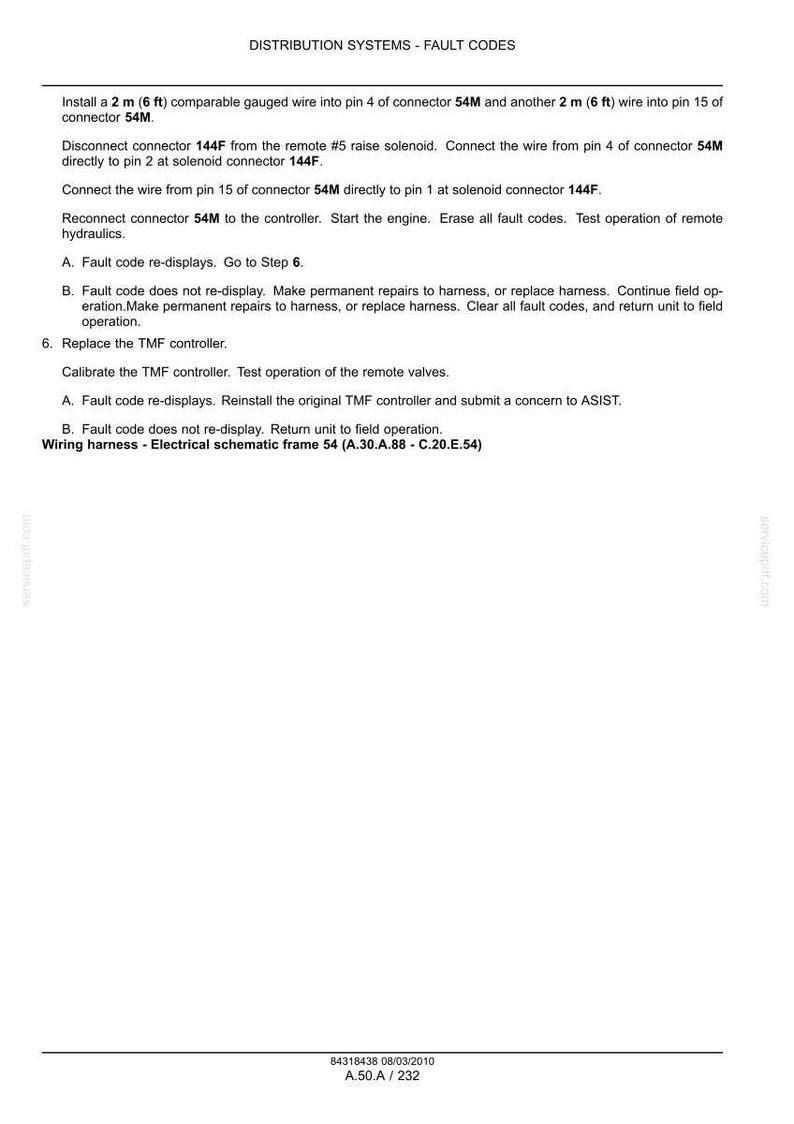 May include: A white document titled "DISTRIBUTION SYSTEMS - FAULT CODES" with instructions for wiring and troubleshooting. Includes steps for connector and controller replacement, with measurements in feet and inches.