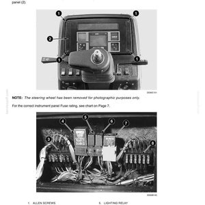 May include: Diagram of an instrument panel with labeled components, including Allen screws, fuse blocks, and relays. The image provides a detailed view of the internal wiring and fuse layout, with numbered references for each part. Text at the top reads "Instrument Panel Fuses and Relays."