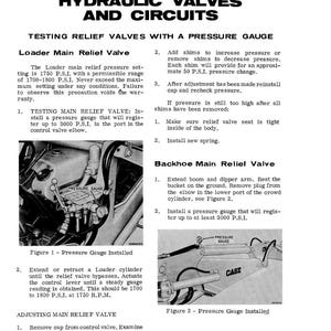 May include: Black and white technical diagram with text detailing hydraulic valve testing procedures. Includes illustrations of pressure gauges installed on machinery, with instructions for adjusting and maintaining the valves.
