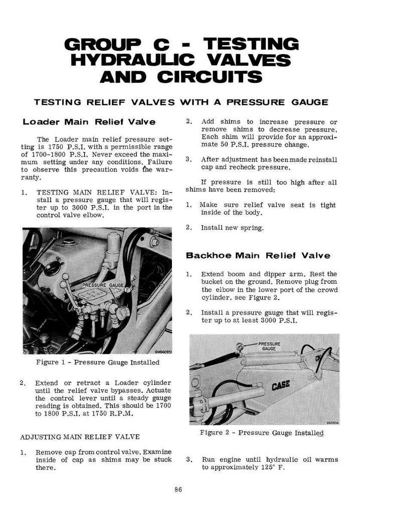 May include: Black and white technical diagram with text detailing hydraulic valve testing procedures. Includes illustrations of pressure gauges installed on machinery, with instructions for adjusting and maintaining the valves.