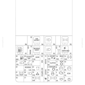May include: Diagram of an electrical system with labeled components, including fuses, sockets, and relays. The diagram features text labels such as "Reverse Gear," "Brake," and "Switched," along with amperage ratings. The layout is a schematic for automotive or machinery electrical systems.