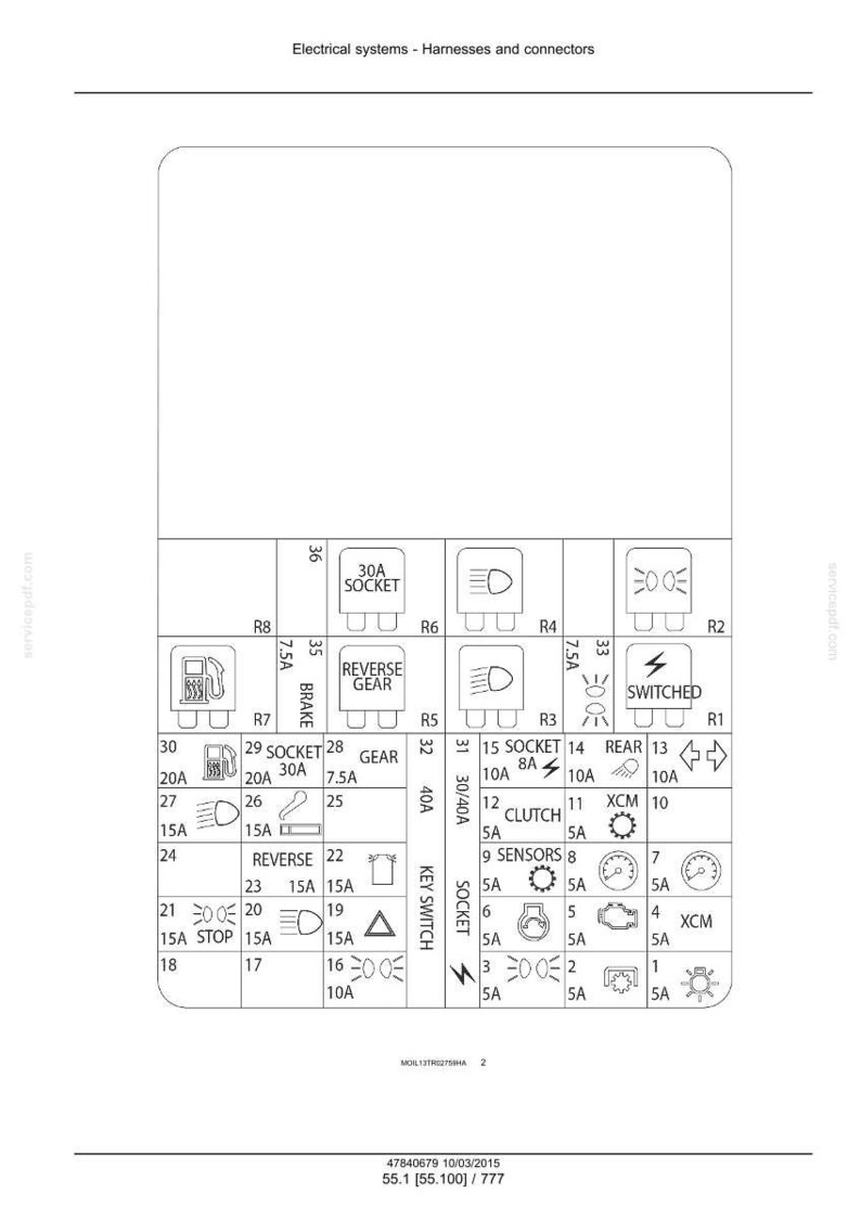 May include: Diagram of an electrical system with labeled components, including fuses, sockets, and relays. The diagram features text labels such as "Reverse Gear," "Brake," and "Switched," along with amperage ratings. The layout is a schematic for automotive or machinery electrical systems.