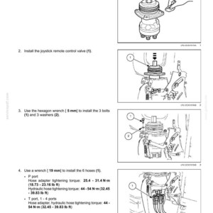 以下が含まれることがあります： 油圧ハンドコントロールシステムの設置を示す図。部品の清掃、バルブの取り付け、ボルトに5mm六角レンチ、ホースに19mmレンチを使用する手順が含まれます。トルク仕様が記載されています。