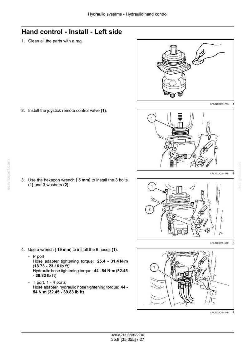 以下が含まれることがあります： 油圧ハンドコントロールシステムの設置を示す図。部品の清掃、バルブの取り付け、ボルトに5mm六角レンチ、ホースに19mmレンチを使用する手順が含まれます。トルク仕様が記載されています。