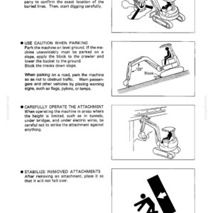 Peut inclure: Une page de manuel technique intitul&eacute;e SAFETY OPERATION pr&eacute;sentant quatre dessins au trait en noir et blanc illustrant les proc&eacute;dures de s&eacute;curit&eacute; pour excavatrice, notamment le creusement pr&egrave;s des lignes souterraines, le stationnement en pente et la stabilit&eacute;.