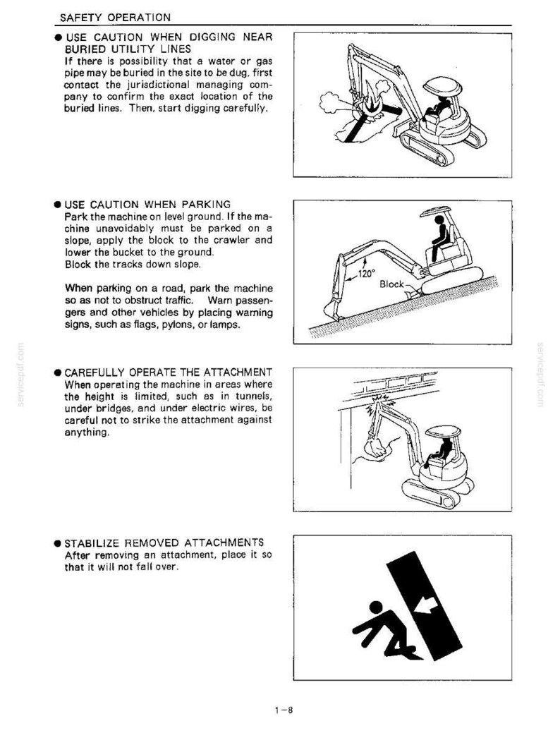 Peut inclure: Une page de manuel technique intitul&eacute;e SAFETY OPERATION pr&eacute;sentant quatre dessins au trait en noir et blanc illustrant les proc&eacute;dures de s&eacute;curit&eacute; pour excavatrice, notamment le creusement pr&egrave;s des lignes souterraines, le stationnement en pente et la stabilit&eacute;.