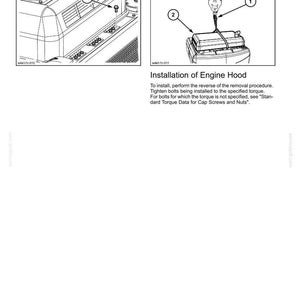 May include: Diagram illustrating the removal and installation of an engine hood. Step-by-step instructions include removing bolts with a wrench and using a liftcrane. Text includes torque data information. Measurements are in millimeters.