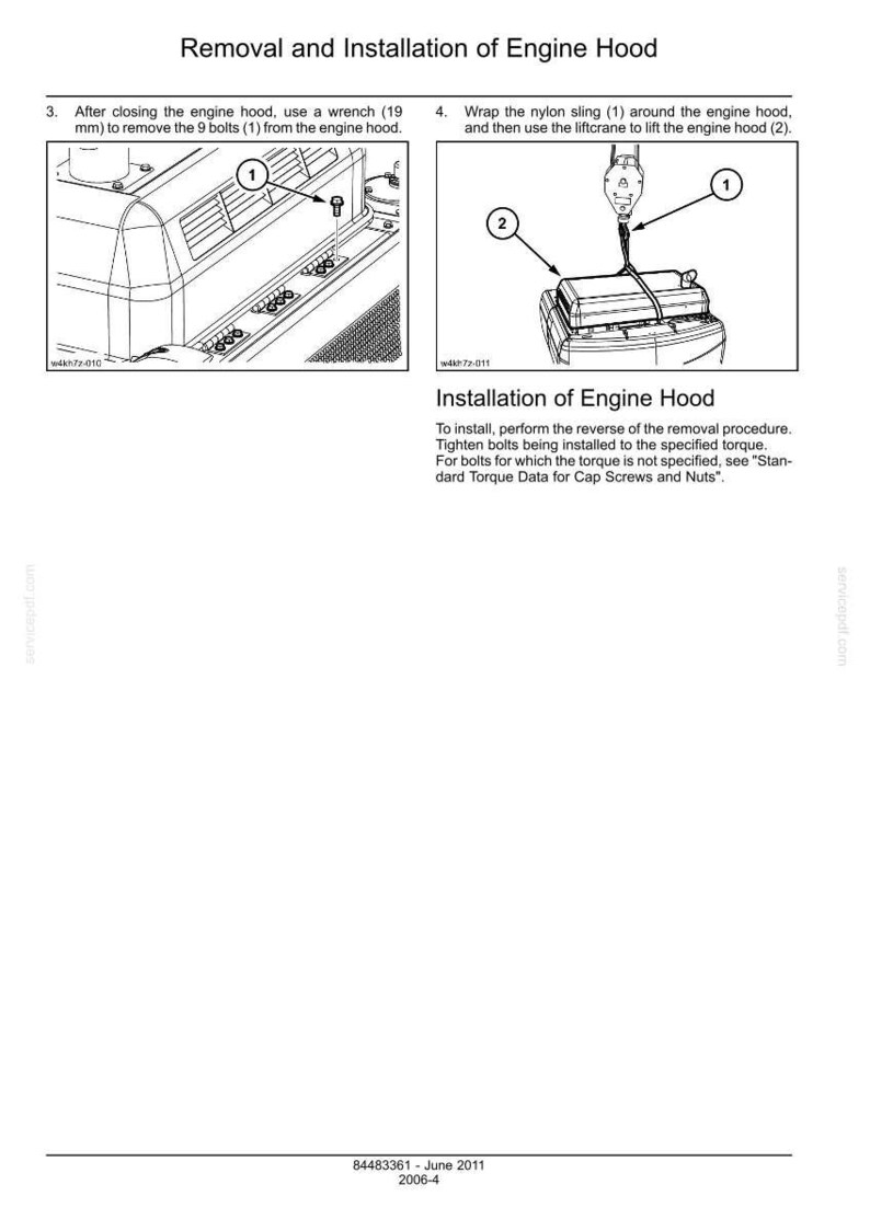 May include: Diagram illustrating the removal and installation of an engine hood. Step-by-step instructions include removing bolts with a wrench and using a liftcrane. Text includes torque data information. Measurements are in millimeters.