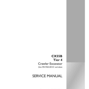 May include: A white service manual for a CX55B Tier 4 Crawler Excavator. The cover includes the text "SERVICE MANUAL" and "CASE CONSTRUCTION" logo. Part number S5PS0002E01, English, October 2011.