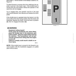 May include: A technical manual page titled 6-WORKING OPERATIONS featuring a diagram of a tractor gear display with the numbers 7, 1, and the letter P. The text provides instructions for the electronic park brake, shuttle lever, and safety warnings.
