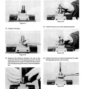 May include: A series of instructional images detailing the assembly of a mechanical component. The images show the installation of parts, including a body, adjusting screw, seal washer, and lock nut. Text and figures are included.