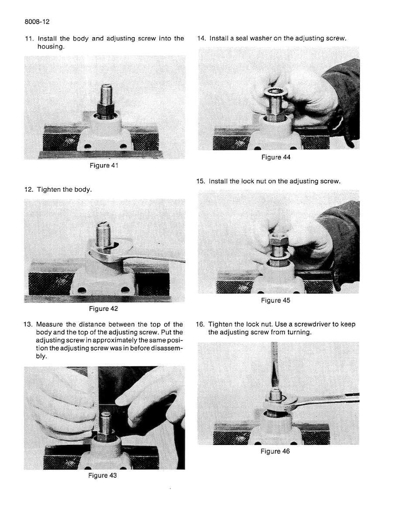 May include: A series of instructional images detailing the assembly of a mechanical component. The images show the installation of parts, including a body, adjusting screw, seal washer, and lock nut. Text and figures are included.