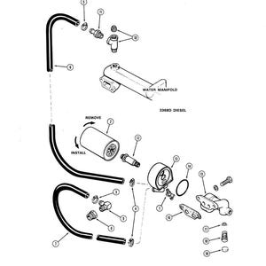 May include: An exploded diagram of a diesel engine's water manifold and related components. The image includes a water manifold, hoses, a filter, and various fittings. Text includes "WATER MANIFOLD" and "3368D DIESEL".