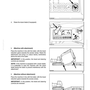 May include: Page from an operating instructions manual. The page includes diagrams of heavy machinery, such as an excavator, loading onto a trailer. Text includes instructions on machine operation and safety procedures. The page is labeled "SECTION 5 - OPERATING INSTRUCTIONS."