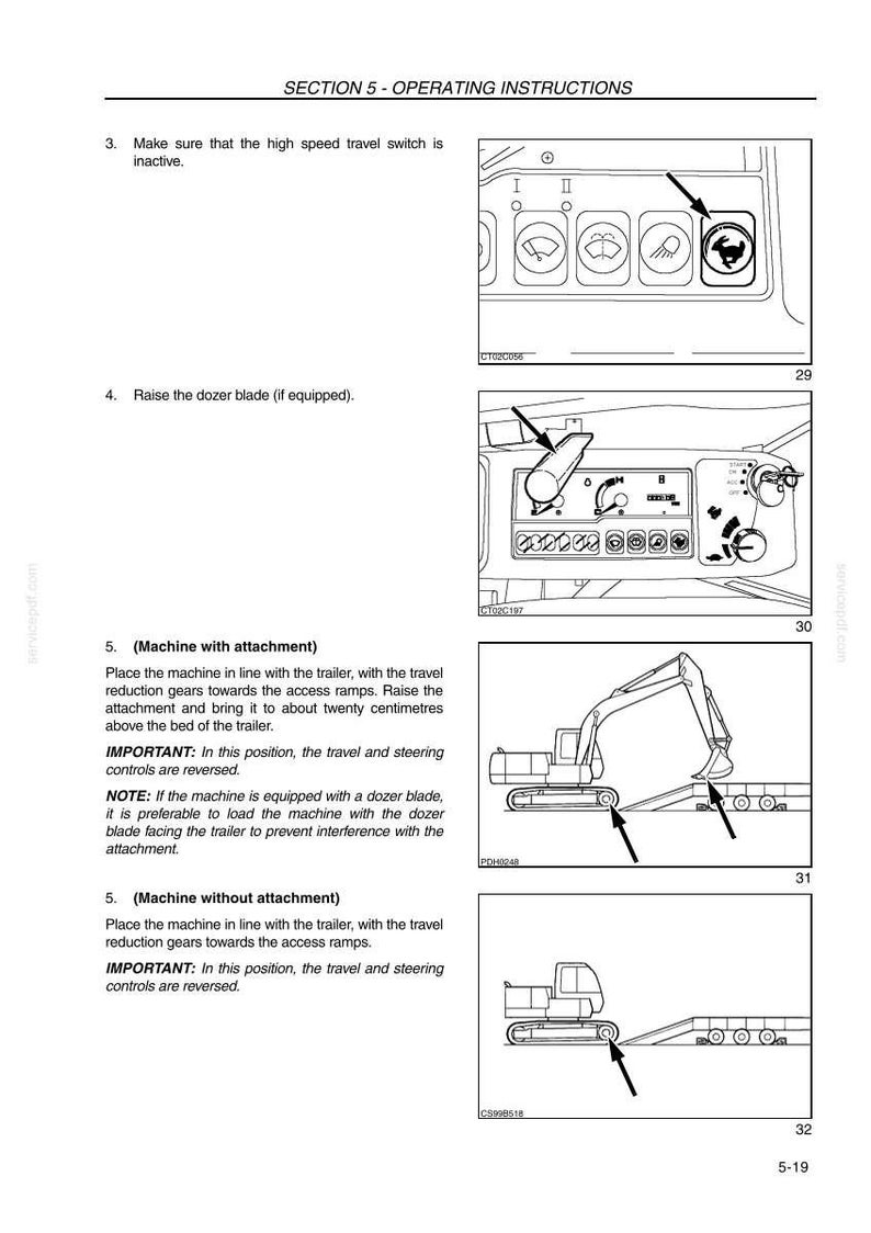 May include: Page from an operating instructions manual. The page includes diagrams of heavy machinery, such as an excavator, loading onto a trailer. Text includes instructions on machine operation and safety procedures. The page is labeled "SECTION 5 - OPERATING INSTRUCTIONS."