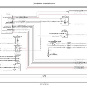 May include: Diagram of an HVAC system's electrical components, including the HVAC box, blower switch, A/C switch, and compressor. The diagram uses lines and labels to illustrate the wiring and connections. The text "Electrical systems - Harnesses and connectors" is at the top.