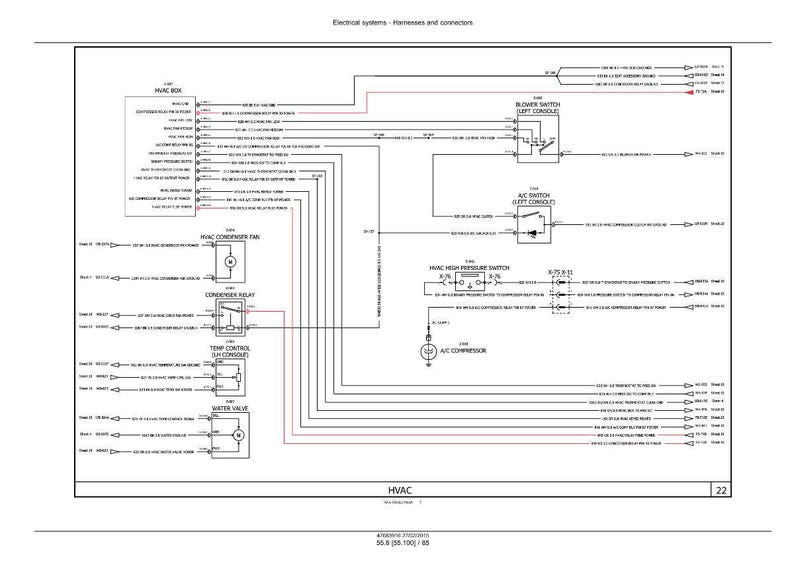 May include: Diagram of an HVAC system's electrical components, including the HVAC box, blower switch, A/C switch, and compressor. The diagram uses lines and labels to illustrate the wiring and connections. The text "Electrical systems - Harnesses and connectors" is at the top.