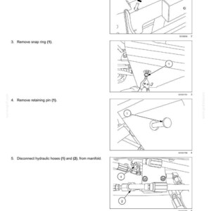 K&ouml;nnte beinhalten: Diagramm eines Schnellkupplers f&uuml;r Hydrauliksysteme, das die Demontageschritte zeigt. Enth&auml;lt Abbildungen zum Entfernen eines Sicherungsrings, eines Haltestifts und zum Trennen von Schl&auml;uchen. Text enth&auml;lt Anweisungen und Teilenummern.