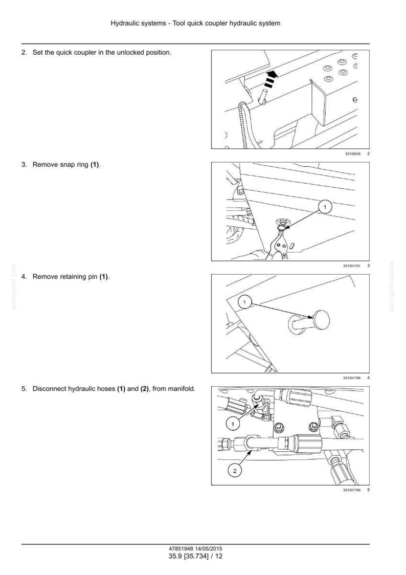 K&ouml;nnte beinhalten: Diagramm eines Schnellkupplers f&uuml;r Hydrauliksysteme, das die Demontageschritte zeigt. Enth&auml;lt Abbildungen zum Entfernen eines Sicherungsrings, eines Haltestifts und zum Trennen von Schl&auml;uchen. Text enth&auml;lt Anweisungen und Teilenummern.