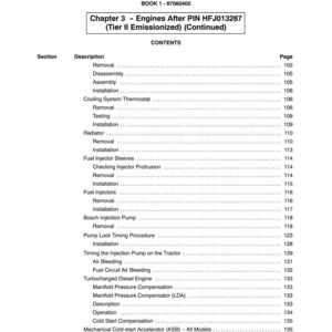 May include: A page from a manual, titled "SECTION 10 - ENGINE", detailing engine-related procedures. The contents include sections on removal, installation, and testing of components such as the cooling system thermostat and fuel injectors.