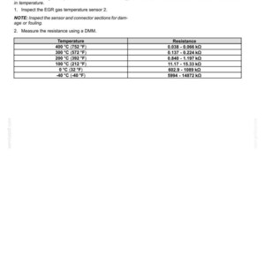 May include: A technical document detailing the inspection of Exhaust Gas Recirculation (EGR) temperature sensors. Includes a table showing temperature in Fahrenheit and Celsius, with corresponding resistance values in k&Omega;.