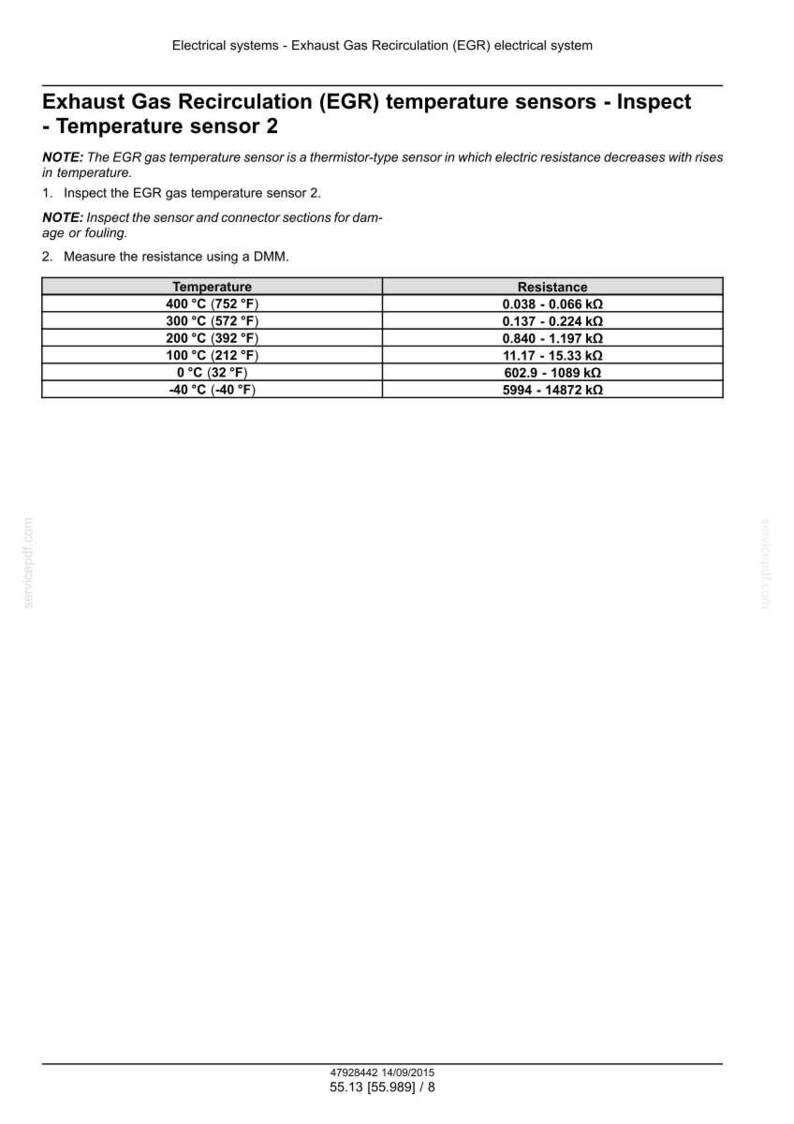May include: A technical document detailing the inspection of Exhaust Gas Recirculation (EGR) temperature sensors. Includes a table showing temperature in Fahrenheit and Celsius, with corresponding resistance values in k&Omega;.