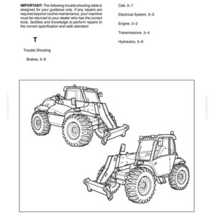 May include: A technical manual page titled SECTION 5 SYSTEM TROUBLESHOOTING featuring text instructions and two black and white line art illustrations of a heavy-duty tractor with a front loader attachment, showing the vehicle from two different angles.