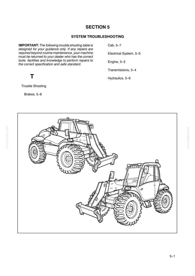 May include: A technical manual page titled SECTION 5 SYSTEM TROUBLESHOOTING featuring text instructions and two black and white line art illustrations of a heavy-duty tractor with a front loader attachment, showing the vehicle from two different angles.